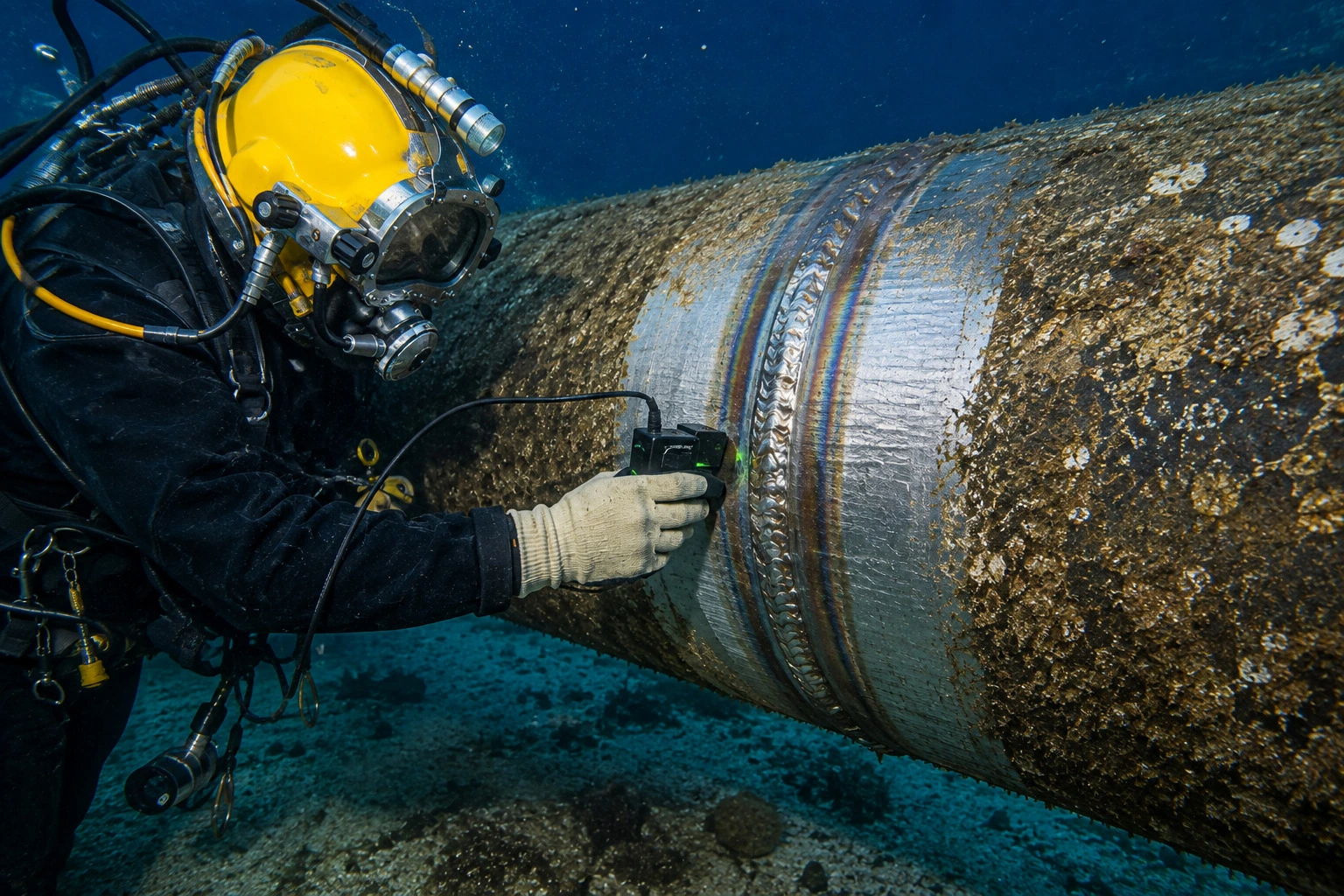 ACFM Underwater Inspection – Subsea Pipeline Weld diver using ACFM equipment for underwater subsea pipeline weld inspection