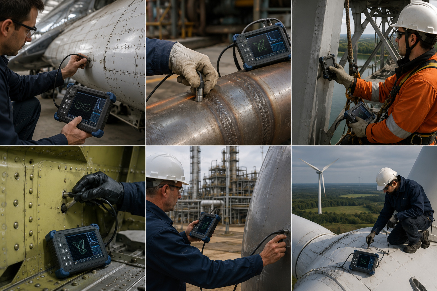 Portable eddy current flaw detector used across aerospace, welds, bridges, plants, and wind turbines