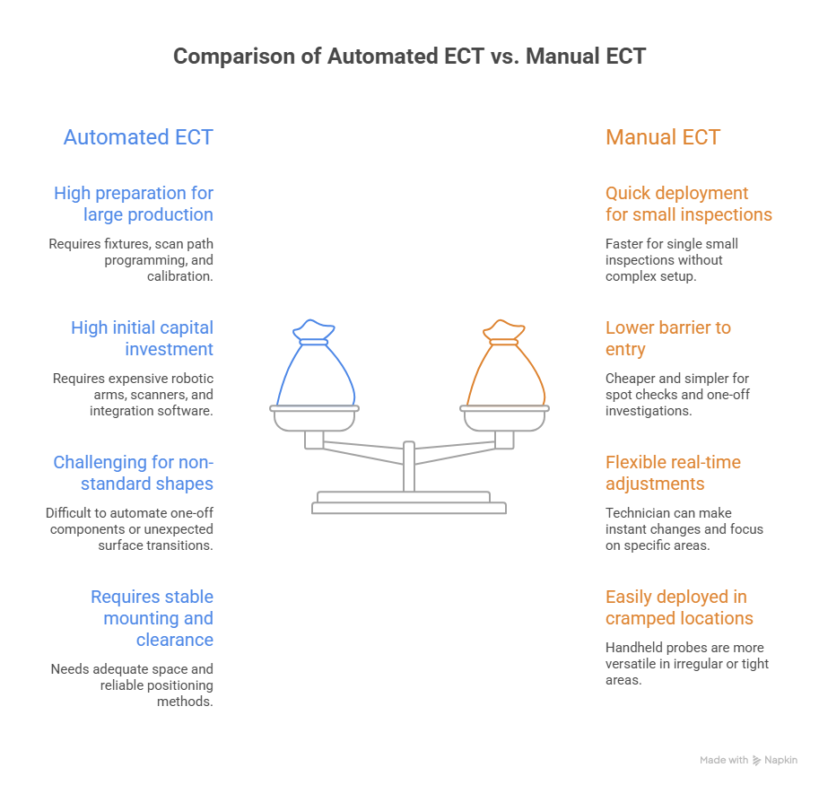 Automated ECT vs. Manual ECT Comparison Comparison of automated ECT and manual eddy current testing — cost, setup time, geometry limitations, and deployment flexibility