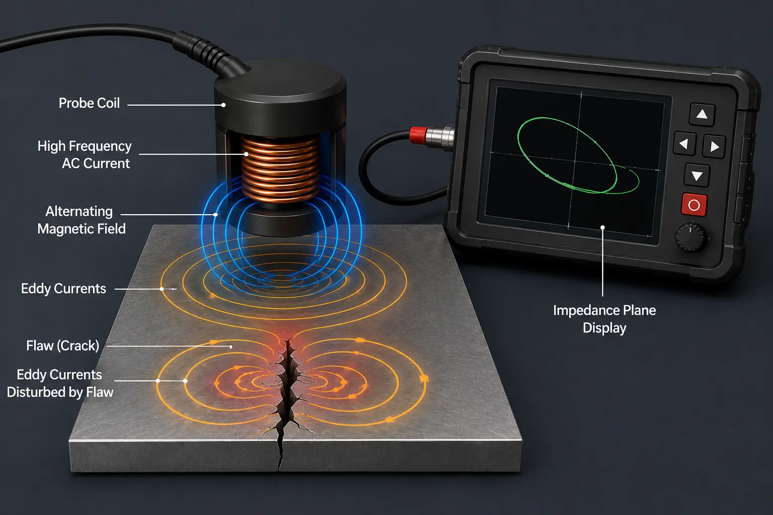 How Conventional Eddy Current Testing Works – Principle Diagram diagram showing how conventional eddy current testing works with probe coil and impedance plane