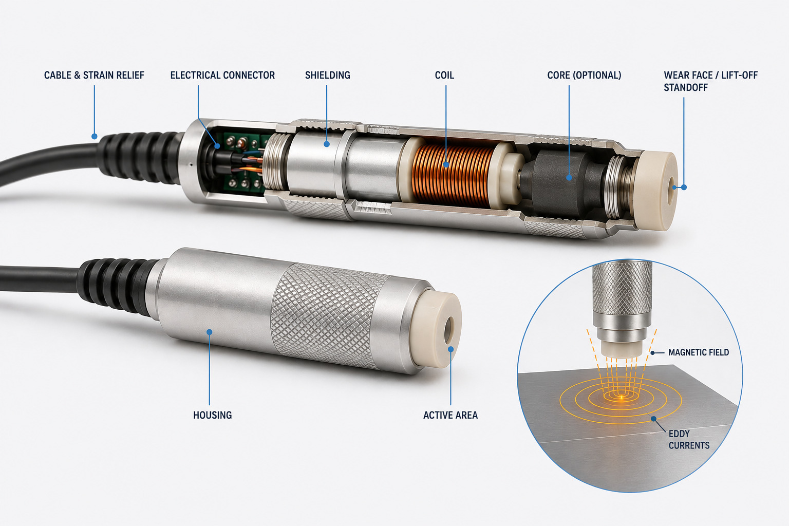 Exploded diagram of an eddy current probe showing coil, core, shielding, housing, and active area