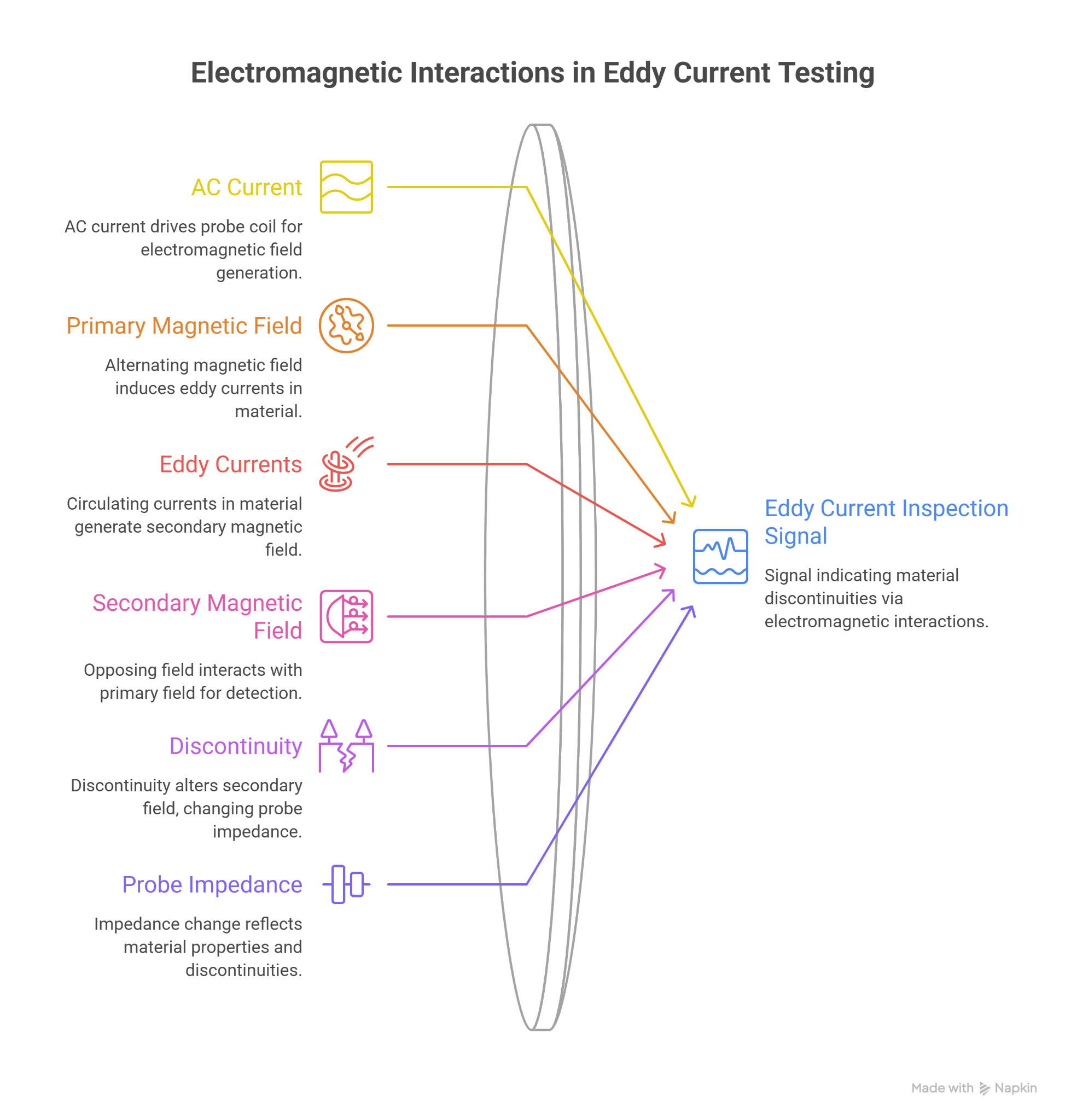 Electromagnetic interactions in eddy current testing, from AC current and induced eddy currents to probe impedance and inspection signal