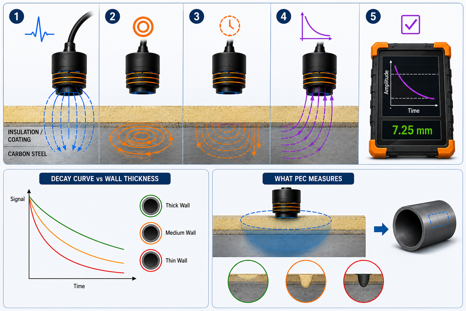 diagram showing how pulsed eddy current testing works with decay curve and wall thickness