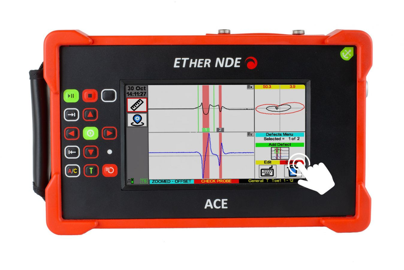 Portable Eddy Current Detector Signal Display Touchscreen display of a portable eddy current detector showing defect signal and Lissajous pattern