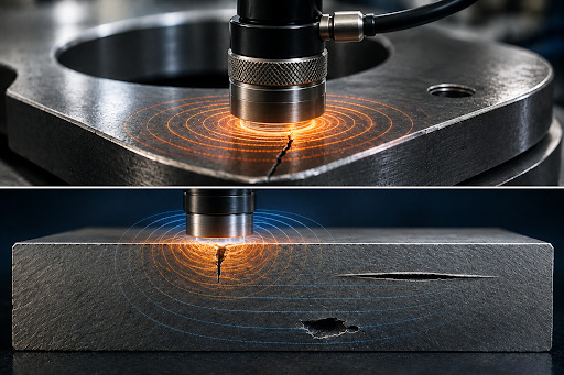Subsurface and Near-Surface Flaw Detection with ECT Eddy current probe detecting subsurface and near-surface flaws including cracks and voids in metal