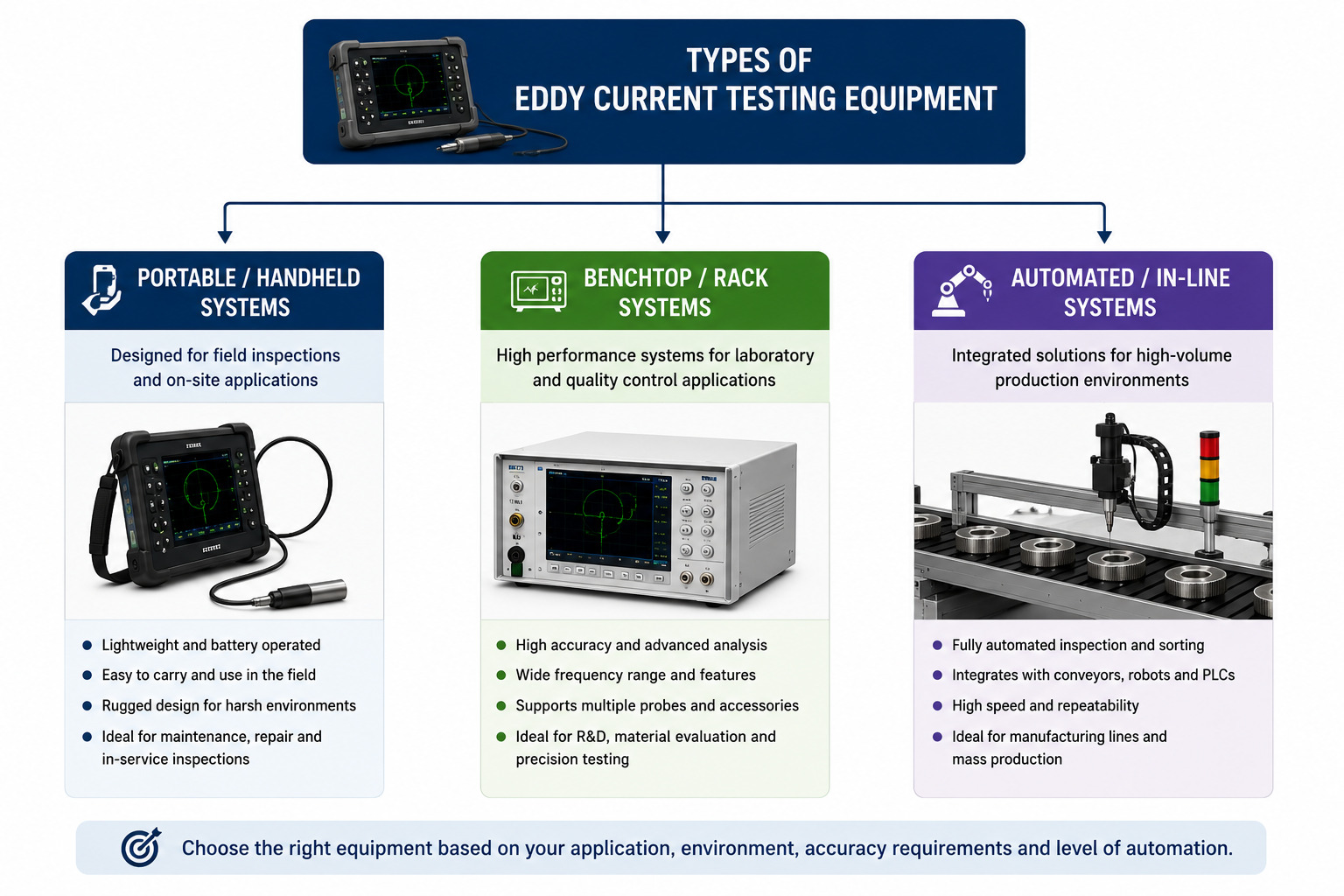 Infographic showing three types of eddy current testing equipment — portable handheld systems, benchtop rack systems and automated in-line systems
