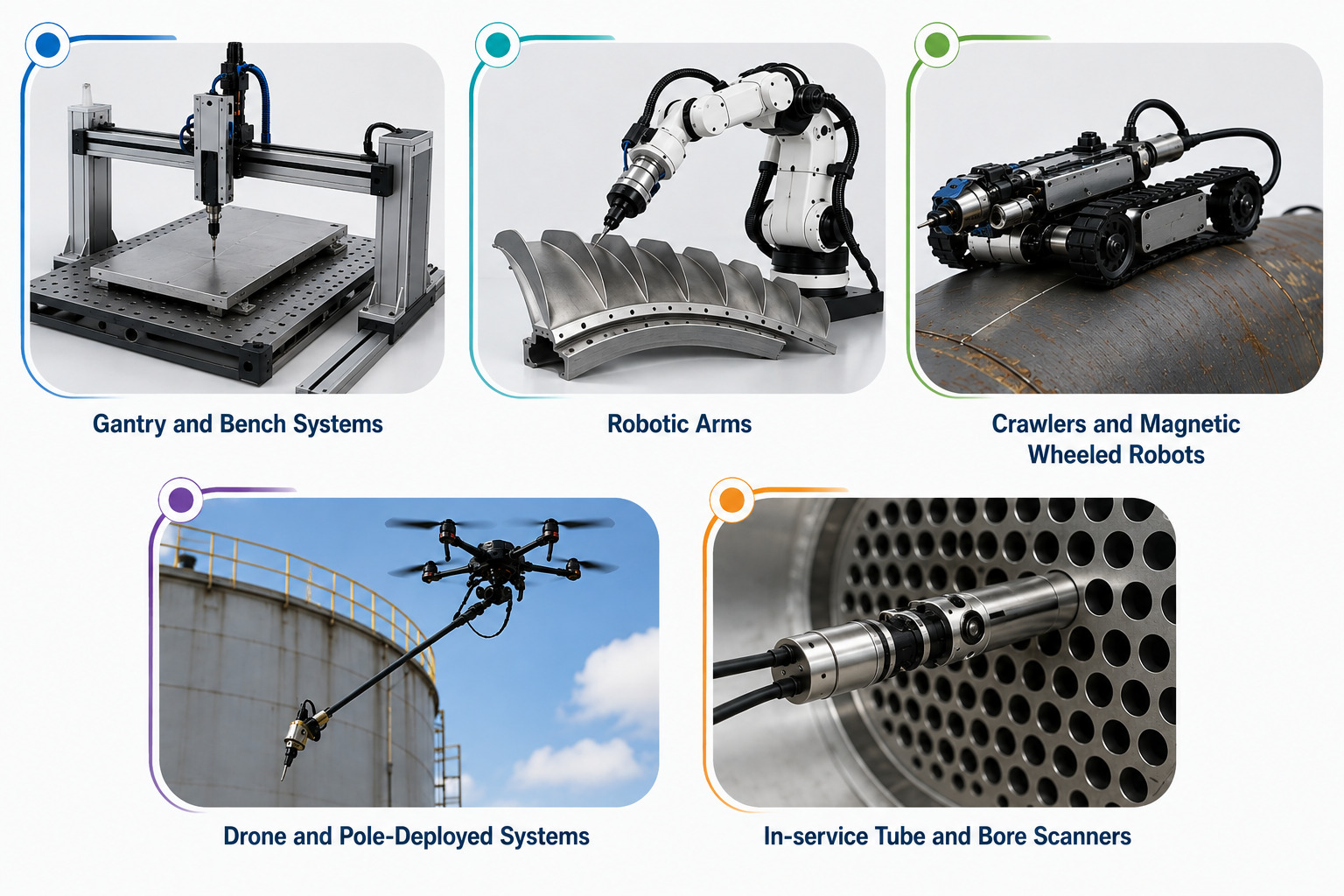 Types of Automated and Robotic ECT Systems Types of automated and robotic eddy current testing systems — gantry, robotic arm, crawler, drone-deployed, and tube scanner